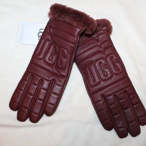 NWT UGG WOMEN'S TECH‎ LEATHER LOGO GLOVES L BURGUNDY RED